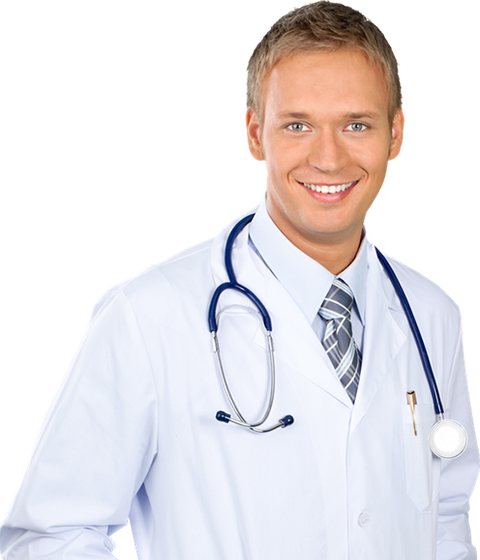 A smiling doctor in a white coat with a stethoscope